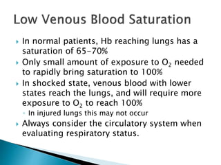  In normal patients, Hb reaching lungs has a
saturation of 65-70%
 Only small amount of exposure to O2 needed
to rapidly bring saturation to 100%
 In shocked state, venous blood with lower
states reach the lungs, and will require more
exposure to O2 to reach 100%
◦ In injured lungs this may not occur
 Always consider the circulatory system when
evaluating respiratory status.
 