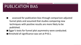 PUBLICATION BIAS
◾ assessed for publication bias through comparison adjusted
funnel plots and assumed that studies comparing new
techniques with positive results are more likely to be
published.
◾Egger’s tests for funnel plot asymmetry were conducted.
◾threshold of significance was set at P<0.1.
 