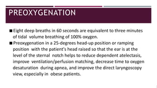 PREOXYGENATION
◾Eight deep breaths in 60 seconds are equivalent to three minutes
of tidal volume breathing of 100% oxygen.
◾Preoxygenation in a 25-degrees head-up position or ramping
position with the patient's head raised so that the ear is at the
level of the sternal notch helps to reduce dependent atelectasis,
improve ventilation/perfusion matching, decrease time to oxygen
desaturation during apnea, and improve the direct laryngoscopy
view, especially in obese patients.
 