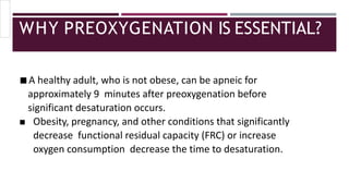 WHY PREOXYGENATION IS ESSENTIAL?
◾A healthy adult, who is not obese, can be apneic for
approximately 9 minutes after preoxygenation before
significant desaturation occurs.
◾ Obesity, pregnancy, and other conditions that significantly
decrease functional residual capacity (FRC) or increase
oxygen consumption decrease the time to desaturation.
 