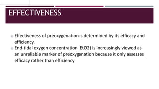 EFFECTIVENESS
Effectiveness of preoxygenation is determined by its efficacy and
efficiency.
End-tidal oxygen concentration (EtO2) is increasingly viewed as
an unreliable marker of preoxygenation because it only assesses
efficacy rather than efficiency
 