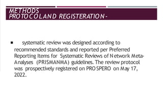 METHODS
PROTOCOLAND REGISTERATION-
◾ systematic review was designed according to
recommended standards and reported per Preferred
Reporting Items for Systematic Reviews of Network Meta-
Analyses (PRISMANMA) guidelines. The review protocol
was prospectively registered on PROSPERO on May 17,
2022.
 
