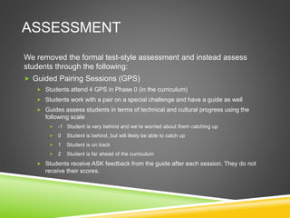 ASSESSMENT
We removed the formal test-style assessment and instead assess
students through the following:
 Guided Pairing Sessions (GPS)
 Students attend 4 GPS in Phase 0 (in the curriculum)
 Students work with a pair on a special challenge and have a guide as well
 Guides assess students in terms of technical and cultural progress using the
following scale
 -1 Student is very behind and we’re worried about them catching up
 0 Student is behind, but will likely be able to catch up
 1 Student is on track
 2 Student is far ahead of the curriculum
 Students receive ASK feedback from the guide after each session. They do not
receive their scores.
 