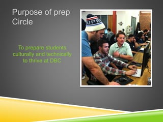 Purpose of prep
Circle
To prepare students
culturally and technically
to thrive at DBC
 
