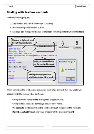 Prep. 2 Second Term
18
Dealing with textbox content:
In the following figure:
1- Add textbox and command button (Click me).
2- When clicking on command button.
3- Message box will appear display the textbox content (the text which in textbox)
When writing on the textbox and clicking on the button the text that you wrote will
appear inside the message box as shown.
- Giving form the name form1 through the property name.
- Giving textbox the name t1 through the property name.
- We access to the text which in the textbox through the code in the function:
(Form1.t1.value) through the value property of the textbox in form1
 