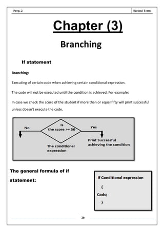 Prep. 2 Second Term
20
Chapter (3)
Branching
If statement
Branching:
Executing of certain code when achieving certain conditional expression.
The code will not be executed until the condition is achieved, For example:
In case we check the score of the student if more than or equal fifty will print successful
unless doesn't execute the code.
The general formula of if
statement:
 