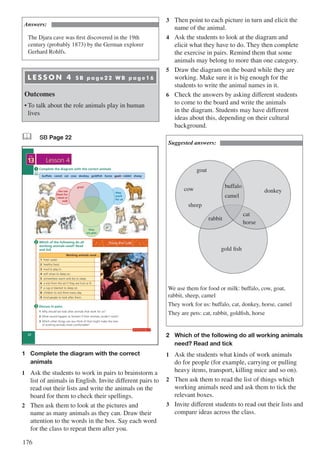 176
Answers:
The Djara cave was first discovered in the 19th
century (probably 1873) by the German explorer
Gerhard Rohlfs.
L E S S O N 4 S B p a g e 2 2 W B p a g e 1 6
Outcomes
•	To talk about the role animals play in human
lives
& SB Page 22
22
13
UNIT
Lesson 4
Which of the following do all
working animals need? Read
and tick
Discuss in pairs
1 Why should we look after animals that work for us?
2 What would happen to farmers if their animals couldn’t work?
3 Which other things can you think of that might make the lives
of working animals more comfortable?
2
3
Complete the diagram with the correct animals1
buffalo camel cat cow donkey goldfish horse goat rabbit sheep
they
are pets
they
work
for us
we use
them for
meat or
milk
goat
Working animals need ...
1 fresh water.
2 healthy food.
3 mud to play in.
4 soft straw to sleep on.
5 somewhere warm and dry to sleep.
6 a visit from the vet if they are hurt or ill.
7 a rug or blanket to sleep on.
8 children to visit them every day.
9 kind people to look after them.
Tools For Life
Workbook page 16
1	 Complete the diagram with the correct 		
	 animals
1	 Ask the students to work in pairs to brainstorm a
list of animals in English. Invite different pairs to
read out their lists and write the animals on the
board for them to check their spellings.
2	 Then ask them to look at the pictures and
name as many animals as they can. Draw their
attention to the words in the box. Say each word
for the class to repeat them after you.
3	 Then point to each picture in turn and elicit the
name of the animal.
4	 Ask the students to look at the diagram and
elicit what they have to do. They then complete
the exercise in pairs. Remind them that some
animals may belong to more than one category.
5	 Draw the diagram on the board while they are
working. Make sure it is big enough for the
students to write the animal names in it.
6	 Check the answers by asking different students
to come to the board and write the animals
in the diagram. Students may have different
ideas about this, depending on their cultural
background.
Suggested answers:
We use them for food or milk: buffalo, cow, goat,
rabbit, sheep, camel
They work for us: buffalo, cat, donkey, horse, camel
They are pets: cat, rabbit, goldfish, horse
2	 Which of the following do all working animals	
	 need? Read and tick
1	 Ask the students what kinds of work animals
do for people (for example, carrying or pulling
heavy items, transport, killing mice and so on).
2	 Then ask them to read the list of things which
working animals need and ask them to tick the
relevant boxes.
3	 Invite different students to read out their lists and
compare ideas across the class.
goat
cow
sheep
buffalo
donkey
cat
horse
rabbit
gold fish
camel
 
