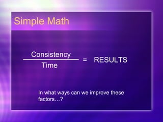 Simple Math Consistency Time RESULTS = In what ways can we improve these factors…? 