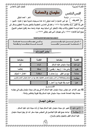 ‫اللغ‬‫ـــ‬‫ة‬‫ال‬‫ــ‬ٌ‫عرب‬‫ـ‬‫ة‬‫للصف‬‫األول‬‫االعدادى‬
16
‫اسػػة‬‫ر‬‫د‬‫شعر‬‫شوقى‬ ‫أحمد‬ :
‫ىو‬( ‫اء‬‫ر‬‫الشع‬ ‫أمير‬‫ة‬‫عنتر‬ ( ‫منيا‬ ‫شعرية‬ ‫مسرحيات‬ ‫عدة‬ ‫لو‬ ) ‫شوقى‬ ‫أحمد‬–‫قمبيز‬–
‫سنة‬ ‫ة‬‫بالقاىػر‬ ‫ولد‬ ) ‫الكبير‬ ‫بؾ‬ ‫عمى‬1868‫ـ‬‫إلى‬ ‫وسافر‬ ‫الحقوؽ‬ ‫بمدرسة‬ ‫التحؽ‬‫و‬ ‫الحكومية‬ ‫المدارس‬ ‫فى‬ ‫تعمـ‬
‫ل‬ ‫فرنسػا‬‫اإل‬ ‫ونفاه‬ ‫اآلداب‬‫و‬ ‫الحقوؽ‬ ‫اسػػة‬‫ر‬‫د‬‫الشيوخ‬ ‫لمجمس‬ ‫غموؿ‬‫ز‬ ‫سعد‬ ‫رشحو‬ ‫عودتو‬ ‫وبعد‬ ‫أسبانيا‬ ‫إلى‬ ‫نجميز‬
‫بويع‬‫اء‬‫ر‬‫لمشع‬ ً‫ا‬‫ر‬‫أمي‬1927‫وتوفى‬ ‫كبير‬ ‫أدبى‬ ‫ميرجاف‬ ‫فى‬ ‫ـ‬1922. ‫ـ‬
‫الحمامة‬ ‫وبه‬ ‫السالم‬ ‫علٌه‬ ‫سلٌمان‬ ‫سٌدنا‬ ‫مجلس‬ ) ‫أ‬
‫الكممػة‬‫معنػػاىػػا‬‫الكممػة‬‫معنػػاىػػا‬
‫داود‬ ‫ابف‬‫السبلـ‬ ‫عميو‬ ‫سميماف‬ ‫سيدنا‬‫شػػاء‬‫اد‬‫ر‬‫أ‬
‫يقرب‬‫منو‬ ‫يدنى‬( ×‫يبعد‬–) ‫يقصى‬‫صدقػا‬‫إخبلصا‬
‫حمامة‬‫مف‬ ‫ع‬‫نو‬) ‫حمائـ‬ ( ‫ج‬ . ‫الطير‬‫استقامة‬‫اعتداؿ‬×‫اؼ‬‫ر‬‫انح‬
‫مجالسو‬‫ى‬‫الشور‬‫و‬ ‫الشعب‬ ‫كمجمس‬ ‫أعماؿ‬ ‫مف‬ ‫بيا‬ ‫يكمؼ‬ ‫لمنظرفيما‬ ‫تخصص‬ ‫ىـ‬‫وغير‬ ‫الناس‬ ‫مف‬ ‫الطائفة‬‫و‬‫ـ(مجمس)وى‬
‫ا‬‫ر‬‫عم‬) ‫أعمار‬ ( ‫ج‬ ‫طويبل‬ ‫وقتا‬ ‫اد‬‫ر‬‫الم‬
‫الشـــــ‬‫ـ‬‫ــــرح‬
‫يعبر‬‫الشاعر‬‫مجمس‬ ‫عف‬‫السبلـ‬ ‫عميو‬ ‫سميماف‬ ‫سيدنا‬‫أ‬‫مجمسو‬ ‫فى‬ ‫يقرب‬ ‫سميماف‬ ‫سيدنا‬ ‫كاف‬ ‫يوـ‬ ‫فى‬ ‫نو‬
. ‫أمانة‬‫و‬ ‫بإخبلص‬ ً‫بل‬‫طوي‬ ً‫ا‬‫وقت‬ ‫السبلـ‬ ‫عميو‬ ‫سميماف‬ ‫سيدنا‬ ‫خدمت‬ ‫الحمامة‬ ‫وىذه‬ ‫حمامة‬
1-{‫داود‬ ‫ابف‬:}‫تعبير‬‫السبلـ‬ ‫عميو‬ ‫سميماف‬ ‫سيدنا‬ ‫عف‬. ‫السبلـ‬ ‫عميو‬ ‫داود‬ ‫سيدنا‬ ‫أباه‬ ‫أف‬ ‫حيث‬
2-{‫مجالسة‬}:‫سميماف‬ ‫لسيدنا‬ ‫وجؿ‬ ‫عز‬ ‫اهلل‬ ‫سخر‬ ‫حيث‬ ‫المجمس‬ ‫فى‬ ‫الجالسيف‬ ‫ة‬‫كثر‬ ‫تفيد‬ ‫جمع‬ ‫جاءت‬
. ‫الرياح‬‫و‬ ‫الجف‬‫و‬ ‫اف‬‫و‬‫الحي‬‫و‬ ‫الطير‬ ‫السبلـ‬ ‫عميو‬
‫المفردات‬‫معانى‬
‫م‬‫ـ‬‫واط‬‫ـ‬‫الجم‬ ‫ن‬‫ـ‬‫ال‬
‫التعـرٌف‬
: ‫بالشاعر‬
1-‫ٌقــــــــــ‬ ‫داود‬ ‫ابـــــــــــــن‬ ‫كـــــان‬‫حمـــامـــة‬ ‫مجـــــــالســـــــــــــــه‬ ‫فــــــى‬ ‫ب‬ ‫ــــــــــر‬
2-‫صدقــ‬ ‫شــــــــاء‬ ‫قــــــــــد‬ ‫مثلمـــــــــــا‬ ‫عمــــــــــــــــرا‬ ‫خــــدمتـــــه‬ً‫ــــ‬‫واستق‬ ‫ــــا‬‫ـــ‬‫امة‬
 