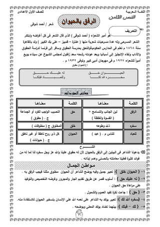 ‫اللغ‬‫ـــ‬‫ة‬‫ال‬‫ــ‬ٌ‫عرب‬‫ـ‬‫ة‬‫للصف‬‫األول‬‫االعدادى‬
31
‫شوقى‬ ‫أحمد‬ / ‫شعر‬

‫ابتك‬‫و‬ ‫اضو‬‫ر‬‫أغ‬ ‫كؿ‬ ‫فى‬ ‫الشعر‬ ‫قاؿ‬ ‫الذى‬ ) ‫شوقى‬ ‫أحمد‬ ( ‫اء‬‫ر‬‫الشع‬ ‫أمير‬ ‫ىو‬‫ػ‬‫ر‬
‫المسرحى‬ ‫الشعر‬‫عد‬ ‫ولو‬‫ة‬‫عنتر‬ ( ‫منيا‬ ‫شعرية‬ ‫مسرحيات‬ ‫ة‬–‫قمبيز‬–‫ة‬‫بالقاىر‬ ‫ولد‬ ) ‫الكبير‬ ‫بؾ‬ ‫عمى‬
‫سنة‬1868‫تعمـ‬ ‫ـ‬‫الحقوؽ‬ ‫اسة‬‫ر‬‫لد‬ ‫فرنسا‬ ‫إلى‬ ‫وسافر‬ ‫الحقوؽ‬ ‫بمدرسة‬ ‫التحؽ‬‫و‬‫الحكومية‬ ‫المدارس‬ ‫فى‬
‫اإلنجميز‬ ‫ونفاه‬ ‫اآلداب‬‫و‬‫بويع‬ ‫سيناء‬ ‫عف‬ ‫الشيوخ‬ ‫لمجمس‬ ‫غموؿ‬‫ز‬ ‫سعد‬ ‫رشحو‬ ‫عودتو‬ ‫وبعد‬ ‫أسبانيا‬ ‫إلى‬
‫اء‬‫ر‬‫لمشع‬ ً‫ا‬‫ر‬‫أمي‬1927‫وتوفى‬ ‫كبير‬ ‫أدبى‬ ‫ميرجاف‬ ‫فى‬ ‫ـ‬1932. ‫ـ‬
‫حقوق‬ ‫للحٌوان‬ ) ‫أ‬
‫الكممػة‬‫معنػػاىػػا‬‫الكممػة‬‫معنػػاىػػا‬
‫الرفؽ‬‫التسامح‬‫و‬ ‫الجانب‬ ‫ليف‬×
) ‫الغمظة‬‫و‬ ‫القسوة‬ (
‫حؽ‬‫الجماعة‬ ‫أو‬ ‫لمفرد‬ ‫اجب‬‫و‬‫ال‬ ‫النصيب‬
) ‫حقوؽ‬ ( . ‫ج‬
‫ه‬‫سخر‬‫وطوعو‬ ‫ذهلل‬‫خمؽ‬‫مخموقا‬ ( ‫ج‬ ‫المخموؽ‬) ‫ت‬
‫لمعباد‬) ‫عبد‬ ( . ‫ـ‬ ‫لمناس‬‫اف‬‫و‬‫الحي‬‫ناطؽ‬ ‫غير‬ ‫أو‬ ‫ناطقا‬ ‫روح‬ ‫ذى‬ ‫كؿ‬
) ‫انات‬‫و‬‫حي‬ ( . ‫ج‬
‫الشـــــ‬‫ـ‬‫ــــرح‬
‫مف‬ ‫لو‬ ‫لما‬ ‫لنا‬ ‫ه‬‫سخر‬ ‫وجؿ‬ ‫عز‬ ‫اهلل‬‫و‬ ‫عمينا‬ ‫حقوؽ‬ ‫لو‬ ‫ألف‬ ‫اف‬‫و‬‫بالحي‬ ‫الرفؽ‬ ‫إلى‬ ‫البيتيف‬ ‫فى‬ ‫الشاعر‬ ‫يدعونا‬
‫ائد‬‫و‬‫ف‬. ‫إيذائو‬ ‫وعدـ‬ ‫بالحسنى‬ ‫معاممتو‬ ‫فعمينا‬ ‫ة‬‫كثير‬
1-{‫الح‬‫ي‬‫خمؽ‬ ‫اف‬‫و‬:}‫اف‬‫و‬‫الحي‬ ‫أف‬ ‫الشاعر‬ ‫يوضح‬ ‫وفيو‬ ‫جميؿ‬ ‫تعبير‬. ‫بو‬ ‫الرفؽ‬ ‫فيجب‬ ‫مثمنا‬ ‫مخموؽ‬
2-{‫حؽ‬ ‫عميؾ‬ ‫لو‬}:‫التوكيد‬‫و‬ ‫التخصيص‬ ‫وغرضو‬ ‫المجرور‬‫و‬ ‫الجار‬ ‫تقديـ‬ ‫طريؽ‬ ‫عف‬ ‫قصر‬ ‫أسموب‬
. ‫اف‬‫و‬‫الحي‬ ‫حؽ‬ ‫اعاة‬‫ر‬‫م‬ ‫عمى‬
3-{‫حؽ‬}:. ‫الشموؿ‬‫و‬ ‫العموـ‬ ‫تفيد‬ ‫ة‬‫نكر‬ ‫جاءت‬
4-{‫لؾ‬ ‫اهلل‬ ‫ه‬‫سخر‬:}.‫منو‬ ‫لبلستفادة‬ ‫اف‬‫و‬‫الحي‬ ‫بتسخير‬ ‫اإلنساف‬ ‫عمى‬ ‫اهلل‬ ‫نعمو‬ ‫عمى‬ ‫الشاعر‬ ‫بو‬ ‫يؤكد‬ ‫تعبير‬
5-‫لؾ‬ {-:} ‫قبمؾ‬. ‫ويوضحو‬ ‫المعنى‬ ‫يؤكد‬ ‫تضاد‬ ‫بينيما‬
‫المفردات‬‫معانى‬
‫م‬‫ـ‬‫واط‬‫ـ‬‫الجم‬ ‫ن‬‫ـ‬‫ال‬
‫التعـرٌف‬
: ‫بالشاعر‬
‫الحيـــــ‬‫خ‬ ‫ــــــــــــــوان‬‫ـــــــــق‬‫حـــــــــــــــق‬ ‫عليـــــــك‬ ‫له‬
‫سخـــــــــــــ‬‫لكــــــــــا‬ ‫هللا‬ ‫ــره‬‫وللع‬‫ـــــــ‬‫قبلكــــا‬ ‫بــــــــــــاد‬
 