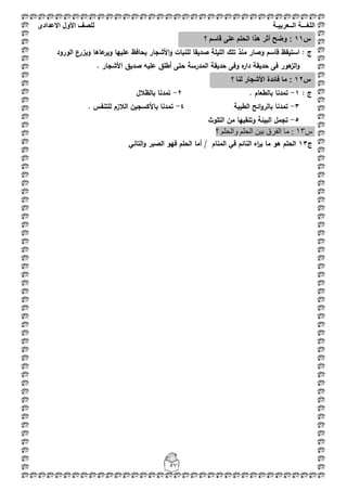 ‫اللغ‬‫ـــ‬‫ة‬‫ال‬‫ــ‬ٌ‫عرب‬‫ـ‬‫ة‬‫للصف‬‫األول‬‫االعدادى‬
57
: ‫ج‬‫الورود‬ ‫ويزرع‬ ‫عاىا‬‫وير‬ ‫عمييا‬ ‫يحافظ‬ ‫األشجار‬‫و‬ ‫لمنبات‬ ‫صديقا‬ ‫الميمة‬ ‫تمؾ‬ ‫منذ‬ ‫وصار‬ ‫قاسـ‬ ‫استيقظ‬
‫حدي‬ ‫فى‬ ‫ىور‬‫الز‬‫و‬. ‫األشجار‬ ‫صديؽ‬ ‫عميو‬ ‫أطمؽ‬ ‫حتى‬ ‫المدرسة‬ ‫حديقة‬ ‫وفى‬ ‫ه‬‫دار‬ ‫قة‬
: ‫ج‬1-. ‫بالطعاـ‬ ‫تمدنا‬2-‫بالظبلؿ‬ ‫تمدنا‬
3-‫الطيبة‬ ‫ائح‬‫و‬‫بالر‬ ‫تمدنا‬4-. ‫لمتنفس‬ ‫البلزـ‬ ‫باألكسجيف‬ ‫تمدنا‬
5-‫التموث‬ ‫مف‬ ‫وتنقييا‬ ‫البيئة‬ ‫تجمؿ‬
‫ط‬31‫ِب‬ :‫؟‬ ٍُ‫ٚاٌؾ‬ ٍُ‫اٌؾ‬ ٓ١‫ث‬ ‫اٌفشق‬
‫ج‬13‫التاني‬‫و‬ ‫الصبر‬ ‫فيو‬ ‫الحمـ‬ ‫أما‬ / ‫المناـ‬ ‫في‬ ‫النائـ‬ ‫اه‬‫ر‬‫ي‬ ‫ما‬ ‫ىو‬ ‫الحمـ‬
‫س‬11‫؟‬ ‫قاسم‬ ‫على‬ ‫الحلم‬ ‫هذا‬ ‫أثر‬ ‫وضح‬ :
‫س‬12‫؟‬ ‫لنا‬ ‫األشجار‬ ‫فائدة‬ ‫ما‬ :
 