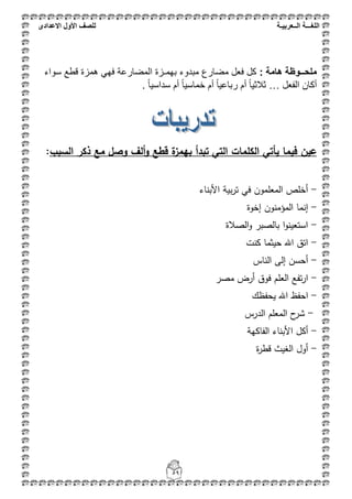 ‫اللغ‬‫ـــ‬‫ة‬‫ال‬‫ــ‬ٌ‫عرب‬‫ـ‬‫ة‬‫للصف‬‫األول‬‫االعدادى‬
59
: ‫هامة‬ ‫ملحــوظة‬‫سواء‬ ‫قطع‬ ‫همزة‬ ً‫فه‬ ‫المضارعة‬ ‫بهمـزة‬ ‫مبدوء‬ ‫مضارع‬ ‫فعل‬ ‫كل‬
‫الفعل‬ ‫أكان‬…. ً‫ا‬ٌ‫سداس‬ ‫أم‬ ً‫ا‬ٌ‫خماس‬ ‫أم‬ ً‫ا‬ٌ‫رباع‬ ‫أم‬ ً‫ا‬ٌ‫ثالث‬
‫السبب‬ ‫ذكر‬ ‫مع‬ ‫وصؿ‬ ‫ألؼ‬‫و‬ ‫قطع‬ ‫ة‬‫بيمز‬ ‫تبدأ‬ ‫التي‬ ‫الكممات‬ ‫يأتي‬ ‫فيما‬ ‫عيف‬:
-‫األبناء‬ ‫بية‬‫ر‬‫ت‬ ‫في‬ ‫المعممون‬ ‫أخمص‬
-‫إخوة‬ ‫المؤمنون‬ ‫إنما‬
-‫الصالة‬‫و‬ ‫بالصبر‬ ‫ا‬‫و‬‫استعين‬
-‫كنت‬ ‫حيثما‬ ‫اهلل‬ ‫اتق‬
-‫الناس‬ ‫إلى‬ ‫أحسن‬
-‫مصر‬ ‫أرض‬ ‫فوق‬ ‫العمم‬ ‫تفع‬‫ر‬‫ا‬
-‫احف‬‫يحفظك‬ ‫اهلل‬ ‫ظ‬
-‫الدرس‬ ‫المعمم‬ ‫ح‬‫شر‬
-‫الفاكهة‬ ‫األبناء‬ ‫أكل‬
-‫ة‬‫ر‬‫قط‬ ‫الغيث‬ ‫أول‬
 
