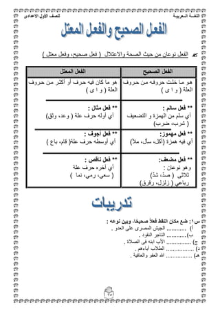 ‫اللغ‬‫ـــ‬‫ة‬‫ال‬‫ــ‬ٌ‫عرب‬‫ـ‬‫ة‬‫للصف‬‫األول‬‫االعدادى‬
75
) ‫معتل‬ ‫وفعل‬ ،‫صحٌح‬ ‫فعل‬ ( ‫واالعتالل‬ ‫الصحة‬ ‫حٌث‬ ‫من‬ ‫نوعان‬ ‫الفعل‬
‫الصحٌح‬ ‫الفعل‬‫المعتل‬ ‫الفعل‬
‫قروف‬‫ق‬‫ح‬ ‫قن‬‫ق‬‫م‬ ‫قه‬‫ق‬‫حروف‬ ‫قت‬‫ق‬‫خل‬ ‫قا‬‫ق‬‫م‬ ‫قو‬‫ق‬‫ه‬
) ‫ى‬ ‫ا‬ ‫و‬ ( ‫العلة‬
: ‫سالم‬ ‫فعل‬ **
‫التضعٌف‬ ‫و‬ ‫الهمزة‬ ‫من‬ ‫سلم‬ ‫أي‬
)‫ضرب‬ ،‫شرب‬ (
:‫مهموز‬ ‫فعل‬ **
‫فٌه‬ ‫أي‬)‫مؤل‬ ،‫سأل‬ ،‫(أكل‬ ‫همزة‬
:‫مضعف‬ ‫فعل‬ **
: ‫نوعان‬ ‫وهو‬
)ّ‫د‬‫ش‬ ،ّ‫د‬‫ص‬ ( ‫ثالثى‬
)‫رقرق‬ ،‫زلزل‬ ( ً‫رباع‬
‫حقروف‬ ‫مقن‬ ‫أكثقر‬ ‫أو‬ ‫حقرف‬ ‫فٌه‬ ‫كان‬ ‫ما‬ ‫هو‬
) ‫ى‬ ‫ا‬ ‫و‬ ( ‫العلة‬
: ‫مثال‬ ‫فعل‬ **
)‫وثق‬ ،‫وعد‬ ( ‫علة‬ ‫حرف‬ ‫أوله‬ ‫أي‬
: ‫أجوف‬ ‫فعل‬ **
) ‫باع‬ ،‫قام‬ (‫علة‬ ‫حرف‬ ‫أوسطه‬ ‫أي‬
‫ناقص‬ ‫فعل‬ **:
‫علة‬ ‫حرف‬ ‫آخره‬ ‫أي‬
) ‫نما‬ ،ً‫رم‬ ،ً‫سع‬ (
‫س‬1: ‫نوعه‬ ‫وبٌن‬ ،‫ا‬ً‫صحٌح‬ ً‫ال‬‫فع‬ ‫النقط‬ ‫مكان‬ ‫ضع‬ :
‫أ‬). ‫العدو‬ ‫على‬ ‫المصرى‬ ‫الجٌش‬ ............
‫ب‬). ‫النقود‬ ‫التاجر‬ ............
. ‫الصالة‬ ‫فى‬ ‫ابنه‬ ‫األب‬ ............... )‫م‬
. ‫آباءهم‬ ‫الطالب‬ ................. )‫د‬
............ )‫هـ‬. ‫والعافٌة‬ ‫العفو‬ ‫هللا‬ ....
 