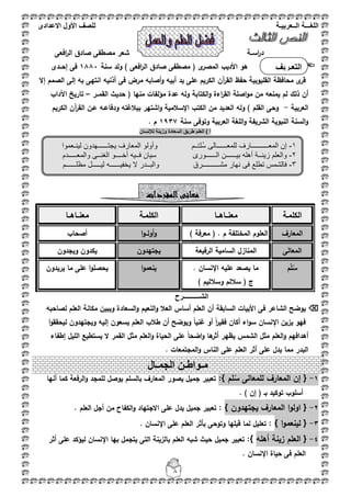 ‫اللغ‬‫ـــ‬‫ة‬‫ال‬‫ــ‬ٌ‫عرب‬‫ـ‬‫ة‬‫للصف‬‫األول‬‫االعدادى‬
8
‫افعى‬‫ر‬‫ال‬ ‫صادؽ‬ ‫مصطفى‬ ‫شعر‬ ‫اسػػة‬‫ر‬‫د‬
‫ىو‬‫سنة‬ ‫ولد‬ ) ‫افعى‬‫ر‬‫ال‬ ‫صادؽ‬ ‫مصطفى‬ ( ‫ى‬‫المصر‬ ‫األديب‬1881‫إح‬ ‫فى‬‫ػػ‬‫دى‬
‫محافظة‬ ‫ى‬‫قر‬‫آف‬‫ر‬‫الق‬ ‫حفظ‬ ‫القميوبية‬‫إال‬ ‫الصمـ‬ ‫إلى‬ ‫بو‬ ‫انتيى‬ ‫أذنيو‬ ‫فى‬ ‫مرض‬ ‫أصابو‬‫و‬ ‫أبيو‬ ‫يد‬ ‫عمى‬ ‫الكريـ‬
‫ذلؾ‬ ‫أف‬‫القم‬ ‫حديث‬ ( ‫منيا‬ ‫مؤلفات‬ ‫عدة‬ ‫ولو‬ ‫الكتابة‬‫و‬ ‫اءة‬‫ر‬‫الق‬ ‫اصمة‬‫و‬‫م‬ ‫مف‬ ‫يمنعو‬ ‫لـ‬‫ػػ‬‫ر‬–‫اآلداب‬ ‫تاريخ‬
‫العربية‬-‫و‬ ‫بببلغتو‬ ‫اشتير‬‫و‬ ‫اإلسبلمية‬ ‫الكتب‬ ‫مف‬ ‫العديد‬ ‫ولو‬ ) ‫القمـ‬ ‫وحى‬‫الكريـ‬ ‫آف‬‫ر‬‫الق‬ ‫عػف‬ ‫دفاعػو‬
‫سنة‬ ‫وتوفى‬ ‫العربية‬ ‫المغة‬‫و‬ ‫الشريفة‬ ‫النبوية‬ ‫السنة‬‫و‬1937. ‫ـ‬
‫لإلنسان‬ ‫وزٌنة‬ ‫السعادة‬ ‫طرٌق‬ ‫العلم‬ ) ‫أ‬
‫الكممػة‬‫معنػػاىػػا‬‫الكممػة‬‫معنػػاىػػا‬
‫المعارؼ‬) ‫معرفة‬ ( . ‫ـ‬ ‫المختمفة‬ ‫العموـ‬‫ا‬‫و‬‫أولػػ‬‫و‬‫أصحاب‬
‫المعالى‬‫الرفيع‬ ‫السامية‬ ‫المنازؿ‬‫ة‬‫يجتيدوف‬‫ويجدوف‬ ‫يكدوف‬
ُ‫س‬‫م‬‫ـ‬‫يص‬ ‫ما‬‫ع‬. ‫اإلنساف‬ ‫عميو‬ ‫د‬
) ‫وسبلليـ‬ ‫سبللـ‬ ( ‫ج‬
‫ا‬‫و‬‫ينعم‬‫يريدوف‬ ‫ما‬ ‫عمى‬ ‫ا‬‫و‬‫يحصم‬
‫الشـــــ‬‫ـ‬‫ــــرح‬
‫لص‬ ‫العمـ‬ ‫مكانة‬ ‫ويبيف‬ ‫السعادة‬‫و‬ ‫النعيـ‬‫و‬ ‫العبل‬ ‫أساس‬ ‫العمـ‬ ‫أف‬ ‫السابقة‬ ‫األبيات‬ ‫فى‬ ‫الشاعر‬ ‫يوضح‬‫احبو‬
‫ا‬‫و‬‫ليحقق‬ ‫ويجتيدوف‬ ‫إليو‬ ‫يسعوف‬ ‫العمـ‬ ‫طبلب‬ ‫أف‬ ‫ويوضح‬ ً‫ا‬‫غني‬ ‫أو‬ ً‫ا‬‫ر‬‫فقي‬ ‫أكاف‬ ‫اء‬‫و‬‫س‬ ‫اإلنساف‬ ‫يزيف‬ ‫فيو‬
‫أىداف‬‫يـ‬‫الشمس‬ ‫مثؿ‬ ‫العمـ‬‫و‬ً‫ا‬‫اضح‬‫و‬ ‫ىا‬‫أثر‬ ‫يظير‬‫الميؿ‬ ‫يستطيع‬ ‫ال‬ ‫القمر‬ ‫مثؿ‬ ‫العمـ‬‫و‬ ‫الحياة‬ ‫عمى‬‫إطفاء‬
. ‫المجتمعات‬‫و‬ ‫الناس‬ ‫عمى‬ ‫العمـ‬ ‫أثر‬ ‫عمى‬ ‫يدؿ‬ ‫مما‬ ‫البدر‬
1-{ُ‫س‬ ‫لممعالى‬ ‫المعارؼ‬ ‫إف‬‫م‬‫ـ‬:}‫أنيا‬ ‫كما‬ ‫الرفعة‬‫و‬ ‫لممجد‬ ‫يوصؿ‬ ‫بالسمـ‬ ‫المعارؼ‬ ‫يصور‬ ‫جميؿ‬ ‫تعبير‬
. ) ‫إف‬ ( ‫بػ‬ ‫توكيد‬ ‫أسموب‬
2-{‫ا‬‫و‬‫اول‬‫يجتيدوف‬ ‫المعارؼ‬}:. ‫العمـ‬ ‫أجؿ‬ ‫مف‬ ‫الكفاح‬‫و‬ ‫االجتياد‬ ‫عمى‬ ‫يدؿ‬ ‫جميؿ‬ ‫تعبير‬
3-{‫ا‬‫و‬‫لينعم‬}:‫العم‬ ‫بأثر‬ ‫وتوحى‬ ‫قبميا‬ ‫لما‬ ‫تعميؿ‬. ‫اإلنساف‬ ‫عمى‬ ‫ـ‬
4-{‫أىمو‬ ‫زينة‬ ‫العمـ‬:}‫جميؿ‬ ‫تعبير‬‫أثر‬ ‫عمى‬ ‫ليؤكد‬ ‫اإلنساف‬ ‫بيا‬ ‫يتجمؿ‬ ‫التى‬ ‫بالزينة‬ ‫العمـ‬ ‫شبو‬ ‫حيث‬
. ‫اإلنساف‬ ‫حياة‬ ‫فى‬ ‫العمـ‬
‫المفردات‬‫معانى‬
‫م‬‫ـ‬‫واط‬‫ـ‬‫الجم‬ ‫ن‬‫ـ‬‫ال‬
‫التعـرٌف‬
: ‫بالشاعر‬
1-‫المعـــــ‬ ‫إن‬‫س‬ ‫للمعــــــالى‬ ‫ـــــارف‬‫لـ‬‫يجت‬ ‫المعارف‬ ‫وأولو‬ ‫ــم‬‫ــــــ‬‫لين‬ ‫هدون‬‫ـ‬‫عموا‬
2-‫زين‬ ‫والعلم‬‫ــ‬‫ف‬ ‫سيان‬ ‫الــــــورى‬ ‫بيــــــن‬ ‫أهله‬ ‫ة‬‫ــ‬‫والمع‬ ‫الغنــى‬ ‫أخــــو‬ ‫يه‬‫ـ‬‫ــــدم‬
3-‫مش‬ ‫نهار‬ ‫فى‬ ‫تطلع‬ ‫فالشمس‬‫ـــــ‬‫ـــــ‬‫رق‬‫والبـ‬‫يخ‬ ‫ال‬ ‫ـدر‬‫في‬‫ــــ‬‫مظلــــــم‬ ‫ليـــــل‬ ‫ــه‬
 