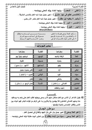 ‫اللغ‬‫ـــ‬‫ة‬‫ال‬‫ــ‬ٌ‫عرب‬‫ـ‬‫ة‬‫للصف‬‫األول‬‫االعدادى‬
9
5-{‫الغنى‬-} ‫المعدـ‬‫بينيما‬ :. ‫ويوضحو‬ ‫المعنى‬ ‫يؤكد‬ ‫تضاد‬
6-‫تطمع‬ ‫فالشمس‬ {‫ف‬‫مشرؽ‬ ‫نيار‬ ‫ى‬: }‫العم‬ ‫شبو‬ ‫حيث‬ ‫جميؿ‬ ‫تعبير‬. ‫المشرقة‬ ‫بالشمس‬ ‫ـ‬
7-‫يخف‬ ‫ال‬ ‫البدر‬‫و‬ {‫ي‬} ‫مظمـ‬ ‫ليؿ‬ ‫و‬:. ‫يضئ‬ ‫الذى‬ ‫بالبدر‬ ‫العمـ‬ ‫شبو‬ ‫حيث‬ ‫جميؿ‬ ‫تعبير‬
8-‫الشمس‬ {–:} ‫البدر‬. ‫ويوضحو‬ ‫المعنى‬ ‫يؤكد‬ ‫تضاد‬ ‫بينيما‬
9-‫البدر‬ {-} ‫الميؿ‬:. ‫ويوضحو‬ ‫المعنى‬ ‫يؤكد‬ ‫تضاد‬ ‫بينيما‬
) ‫ب‬‫العلم‬ ‫من‬ ‫الناس‬ ‫موقف‬
‫الكممػة‬‫معنػػاىػ‬‫ػا‬‫الكممػة‬‫معنػػاىػػا‬
‫العبل‬‫المجد‬‫و‬ ‫الرفعة‬‫تموميـ‬‫بيـ‬ ‫أ‬‫ز‬‫وتي‬ ‫توبخيـ‬
‫ليسعى‬‫يتحرؾ‬‫حسبوؾ‬‫ظنوؾ‬
‫يػدرؾ‬‫يفيـ‬‫أسماعيـ‬) ‫سمع‬ ( ‫ـ‬ . ‫آذانيـ‬
‫ابتغى‬‫اد‬‫ر‬‫أ‬‫تترنػـ‬‫جميؿ‬ ‫بصوت‬ ‫تغنى‬
‫اه‬‫و‬‫س‬‫ه‬‫غير‬‫الوغػػى‬‫الحرب‬( ×) ‫السمـ‬
‫يتظمػـ‬‫يشتكى‬‫وخػػز‬‫طعف‬
‫الخامموف‬) ‫خامؿ‬ ( ‫ـ‬ . ‫الكسالى‬‫األسنػة‬) ‫سناف‬ ( .‫ـ‬ ‫الرمح‬ ‫نصؿ‬
‫غػدوت‬‫انطمقت‬‫و‬ ‫ذىبت‬
‫الشــــــــــرح‬
‫يقوؿ‬‫الشاعر‬‫ويستفيد‬ ‫بػو‬ ‫ينعـ‬ ‫حتى‬ ‫العمـ‬ ‫لطمب‬ ‫ويجتيد‬ ‫يسعى‬ ‫الذى‬ ‫منيـ‬ ‫صنفاف‬ ‫العمـ‬ ‫مع‬ ‫الناس‬ ‫أف‬
‫الكسا‬ ‫ومنيـ‬ ‫منو‬‫بيف‬ ‫ات‬‫و‬‫أم‬ ‫فيـ‬ ‫لمبشر‬ ‫ائده‬‫و‬‫ف‬ ‫مف‬ ‫غـ‬‫الر‬ ‫عمى‬ ‫بو‬ ‫يتأثروف‬ ‫ال‬‫و‬ ‫ييتموف‬ ‫فبل‬ ‫الخامموف‬ ‫لى‬
. ‫وقيمتيا‬ ‫بالحياة‬ ‫اإلحساس‬ ‫وفاقدو‬ ‫الناس‬
1-{‫يسعى‬ ‫العبل‬ ‫أخو‬:}. ‫العمـ‬ ‫تحصيؿ‬ ‫فى‬ ‫الكفاح‬‫و‬ ‫الجيد‬ ‫بذؿ‬ ‫عمى‬ ‫يدؿ‬ ‫جميؿ‬ ‫تعبير‬
2-{‫أيامو‬ ‫مف‬ ‫اه‬‫و‬‫...س‬ ‫يسعى‬ ‫العبل‬ ‫أخو‬‫يت‬‫ظ‬ُ‫مـ‬}:‫ش‬ ‫بيف‬‫وتوضحو‬ ‫المعنى‬ ‫تؤكد‬ ‫مقابمة‬ ‫البيت‬ ‫ى‬‫طر‬.
‫م‬‫المفردات‬‫عانى‬
‫م‬‫ـ‬‫واط‬‫ـ‬‫الجم‬ ‫ن‬‫ـ‬‫ال‬
4-‫ال‬ ‫وأخو‬‫ع‬‫أيـــــــامــــه‬ ‫مــــــــــــن‬ ‫وســـــــواه‬ ‫ابتغى‬ ‫ما‬ ‫فيدرك‬ ‫يسعى‬ ‫ـال‬‫يتظلم‬
5-‫والخاملــــون‬‫تلومهم‬ ‫غـــــدوت‬ ‫إذا‬‫ح‬‫ــ‬‫أسماع‬ ‫فى‬ ‫سبوك‬‫ـــــــــ‬‫تت‬ ‫هم‬‫ــ‬‫رنم‬
6-‫كأم‬ ‫أحياء‬ ‫الناس‬ ‫فى‬‫الوغى‬ ‫ــــوات‬‫األس‬ ‫وخـــز‬‫ــــ‬‫ي‬ ‫ال‬ ‫فيهم‬ ‫نـــــة‬‫ــــ‬‫ؤلم‬
 