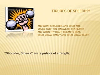 “Shoulder, Sinews” are symbols of strength.
FIGURES OF SPEECH??
AND WHAT SHOULDER, AND WHAT ART,
COULD TWIST THE SINEWS OF THY HEART?
AND WHEN THY HEART BEGAN TO BEAT,
WHAT DREAD HAND? AND WHAT DREAD FEET?!
 
