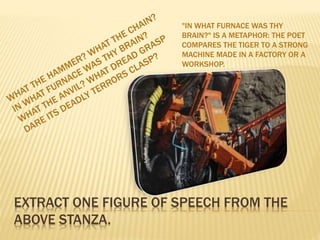 EXTRACT ONE FIGURE OF SPEECH FROM THE
ABOVE STANZA.
"IN WHAT FURNACE WAS THY
BRAIN?" IS A METAPHOR: THE POET
COMPARES THE TIGER TO A STRONG
MACHINE MADE IN A FACTORY OR A
WORKSHOP.
 