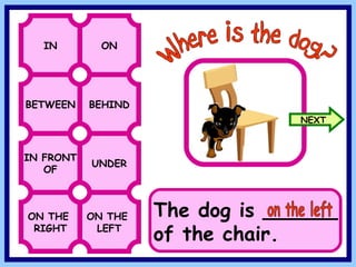 BETWEEN BEHIND IN ON IN FRONT OF UNDER Where is the dog? ON THE RIGHT ON THE LEFT The dog is ______ of the chair. on the left NEXT