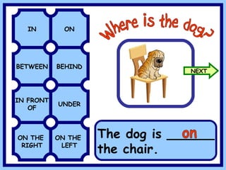 BETWEEN BEHIND IN ON IN FRONT OF UNDER Where is the dog? ON THE RIGHT ON THE LEFT The dog is ______ the chair. on NEXT