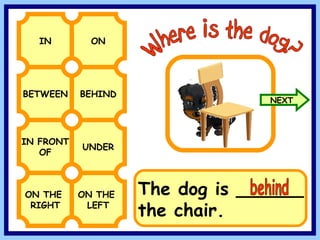 BETWEEN BEHIND IN ON IN FRONT OF UNDER Where is the dog? ON THE RIGHT ON THE LEFT The dog is ______ the chair. behind NEXT