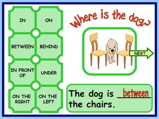 BETWEEN BEHIND IN ON IN FRONT OF UNDER Where is the dog? ON THE RIGHT ON THE LEFT The dog is ______ the chairs. between NEXT