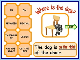 BETWEEN BEHIND IN ON IN FRONT OF UNDER Where is the dog? ON THE RIGHT ON THE LEFT The dog is ______ of the chair. on the right NEXT