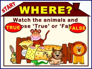 Watch the animals and choose ‘True’ or ‘False’. WHERE? TRUE FALSE START 
