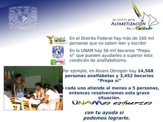 En el Distrito Federal hay más de 160 mil
    personas que no saben leer y escribir
    En la UNAM hay 50 mil becarios “Prepa
    sí” que pueden ayudarles a superar esta
    condición de analfabetismo.

 Por ejemplo, en Álvaro Obregón hay 14,568
  personas analfabetas y 3,452 becarios
                  “Prepa sí”
Si cada uno atiende al menos a 5 personas,
     entonces resolveríamos esta grave
                 situación.


          con tu ayuda sí
          podemos lograrlo.
 