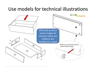 Use models for technical illustrationsEfficiently produce vector images for manuals which are linked to the SolidWorks modelsMake sure arrow faces toward hole for twister dowel