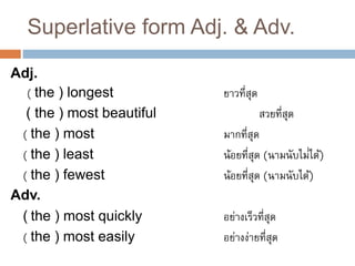 Superlative form Adj. & Adv.
Adj.
( the ) longest ยาวที่สุด
( the ) most beautiful สวยที่สุด
( the ) most มากที่สุด
( the ) least น้อยที่สุด (นามนับไม่่ได้)
( the ) fewest น้อยที่สุด (นามนับได้)
Adv.
( the ) most quickly อย่างเร็วที่สุด
( the ) most easily อย่างง่ายที่สุด
 