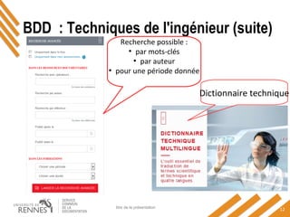 BDD : Techniques de l'ingénieur (suite)
titre de la présentation
12
Recherche possible :
●
par mots-clés
●
par auteur
●
pour une période donnée
Dictionnaire technique
 