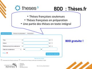 BDD : Thèses.fr
titre de la présentation
13
●
Thèses françaises soutenues
●
Thèses françaises en préparation
●
Une partie des thèses en texte intégral
BDD gratuite !
 