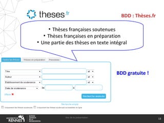 BDD : Thèses.fr
titre de la présentation
13
●
Thèses françaises soutenues
●
Thèses françaises en préparation
●
Une partie des thèses en texte intégral
BDD gratuite !
 