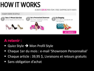 A retenir :
 Quizz Style  Mon Profil Style
 Chaque 1er du mois : e-mail ‘Showroom Personnalisé’
 Chaque article : 39,95 $, Livraisons et retours gratuits
 Sans obligation d’achat
 