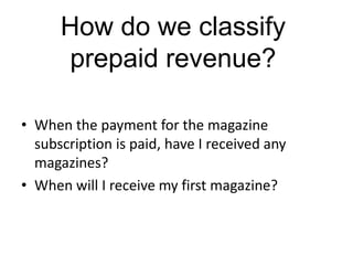 How do we classify prepaid revenue?When the payment for the magazine subscription is paid, have I received any magazines?When will I receive my first magazine?