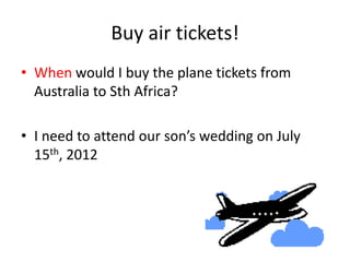 Buy air tickets!When would I buy the plane tickets from Australia to Sth Africa?I need to attend our son’s wedding on July 15th, 2012