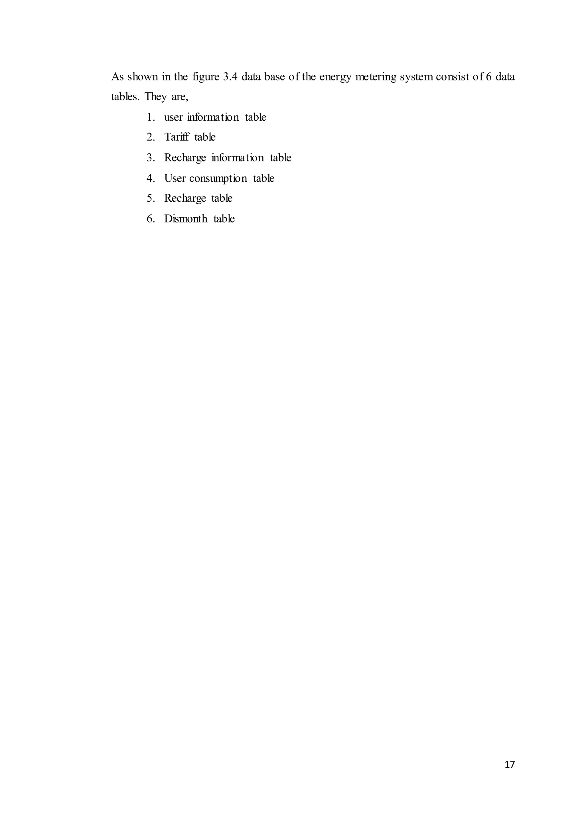 17
As shown in the figure 3.4 data base of the energy metering system consist of 6 data
tables. They are,
1. user information table
2. Tariff table
3. Recharge information table
4. User consumption table
5. Recharge table
6. Dismonth table
 