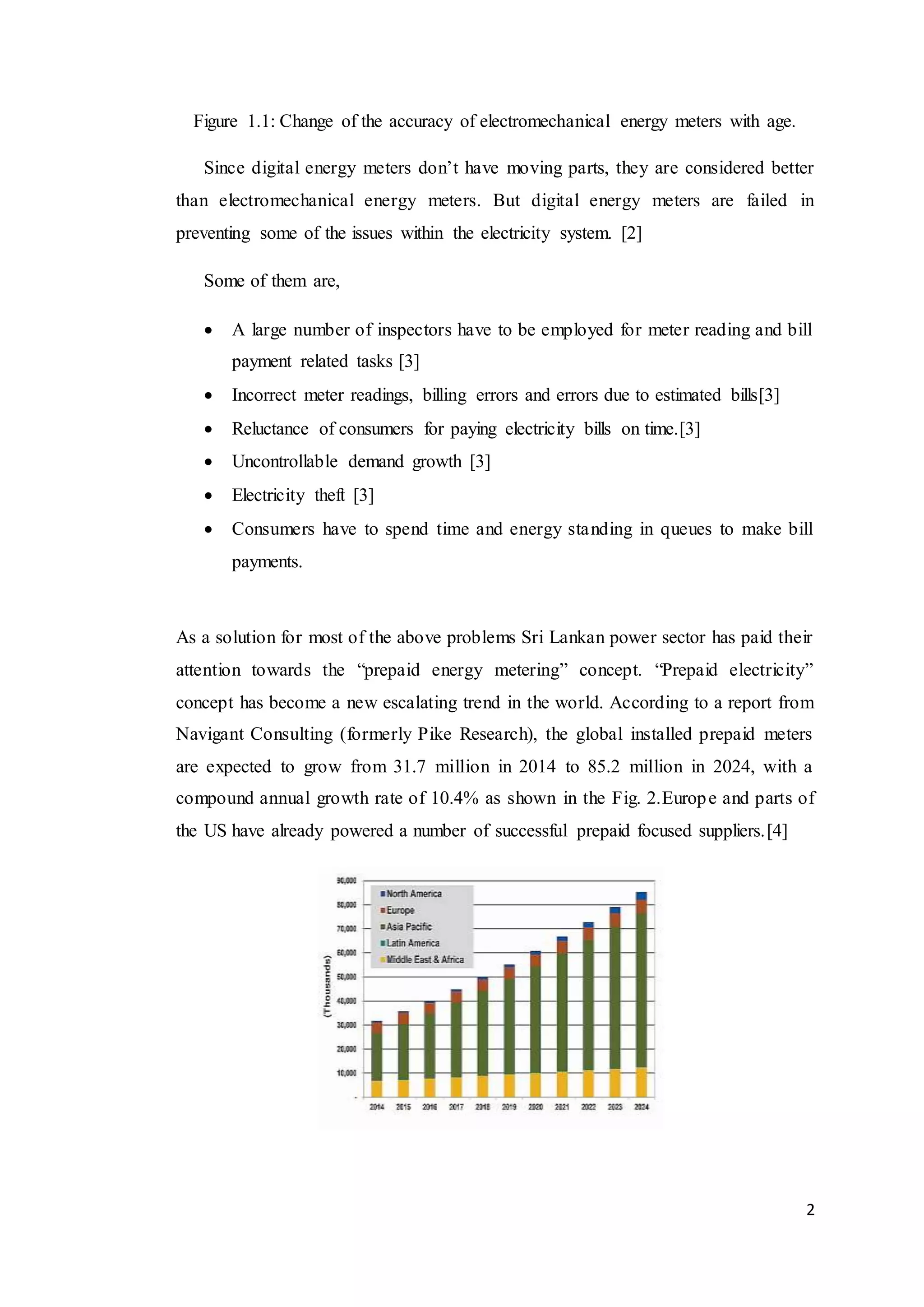 2
Figure 1.1: Change of the accuracy of electromechanical energy meters with age.
Since digital energy meters don’t have moving parts, they are considered better
than electromechanical energy meters. But digital energy meters are failed in
preventing some of the issues within the electricity system. [2]
Some of them are,
 A large number of inspectors have to be employed for meter reading and bill
payment related tasks [3]
 Incorrect meter readings, billing errors and errors due to estimated bills[3]
 Reluctance of consumers for paying electricity bills on time.[3]
 Uncontrollable demand growth [3]
 Electricity theft [3]
 Consumers have to spend time and energy standing in queues to make bill
payments.
As a solution for most of the above problems Sri Lankan power sector has paid their
attention towards the “prepaid energy metering” concept. “Prepaid electricity”
concept has become a new escalating trend in the world. According to a report from
Navigant Consulting (formerly Pike Research), the global installed prepaid meters
are expected to grow from 31.7 million in 2014 to 85.2 million in 2024, with a
compound annual growth rate of 10.4% as shown in the Fig. 2.Europe and parts of
the US have already powered a number of successful prepaid focused suppliers.[4]
 