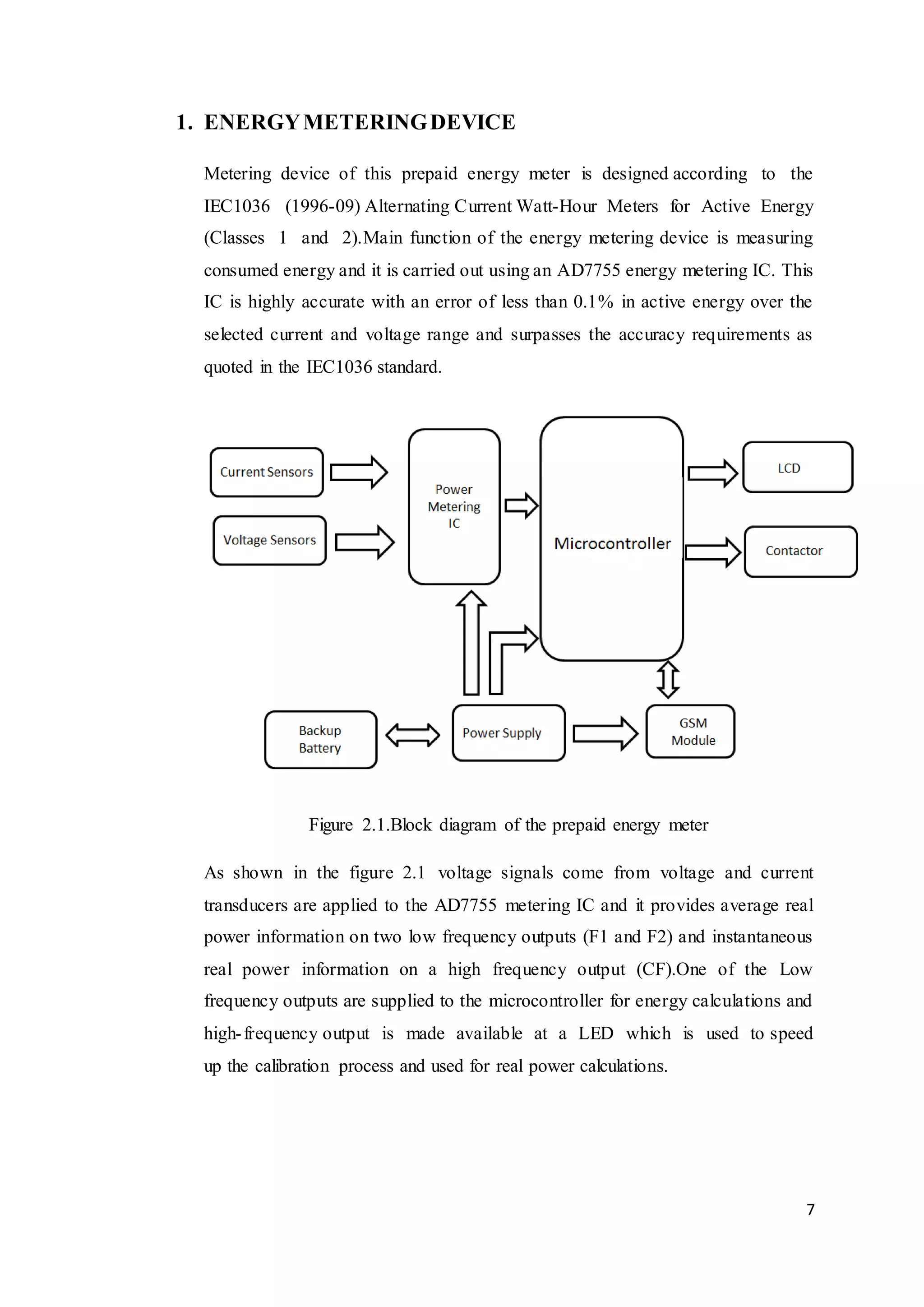 7
1. ENERGYMETERINGDEVICE
Metering device of this prepaid energy meter is designed according to the
IEC1036 (1996-09) Alternating Current Watt-Hour Meters for Active Energy
(Classes 1 and 2).Main function of the energy metering device is measuring
consumed energy and it is carried out using an AD7755 energy metering IC. This
IC is highly accurate with an error of less than 0.1% in active energy over the
selected current and voltage range and surpasses the accuracy requirements as
quoted in the IEC1036 standard.
Figure 2.1.Block diagram of the prepaid energy meter
As shown in the figure 2.1 voltage signals come from voltage and current
transducers are applied to the AD7755 metering IC and it provides average real
power information on two low frequency outputs (F1 and F2) and instantaneous
real power information on a high frequency output (CF).One of the Low
frequency outputs are supplied to the microcontroller for energy calculations and
high-frequency output is made available at a LED which is used to speed
up the calibration process and used for real power calculations.
 