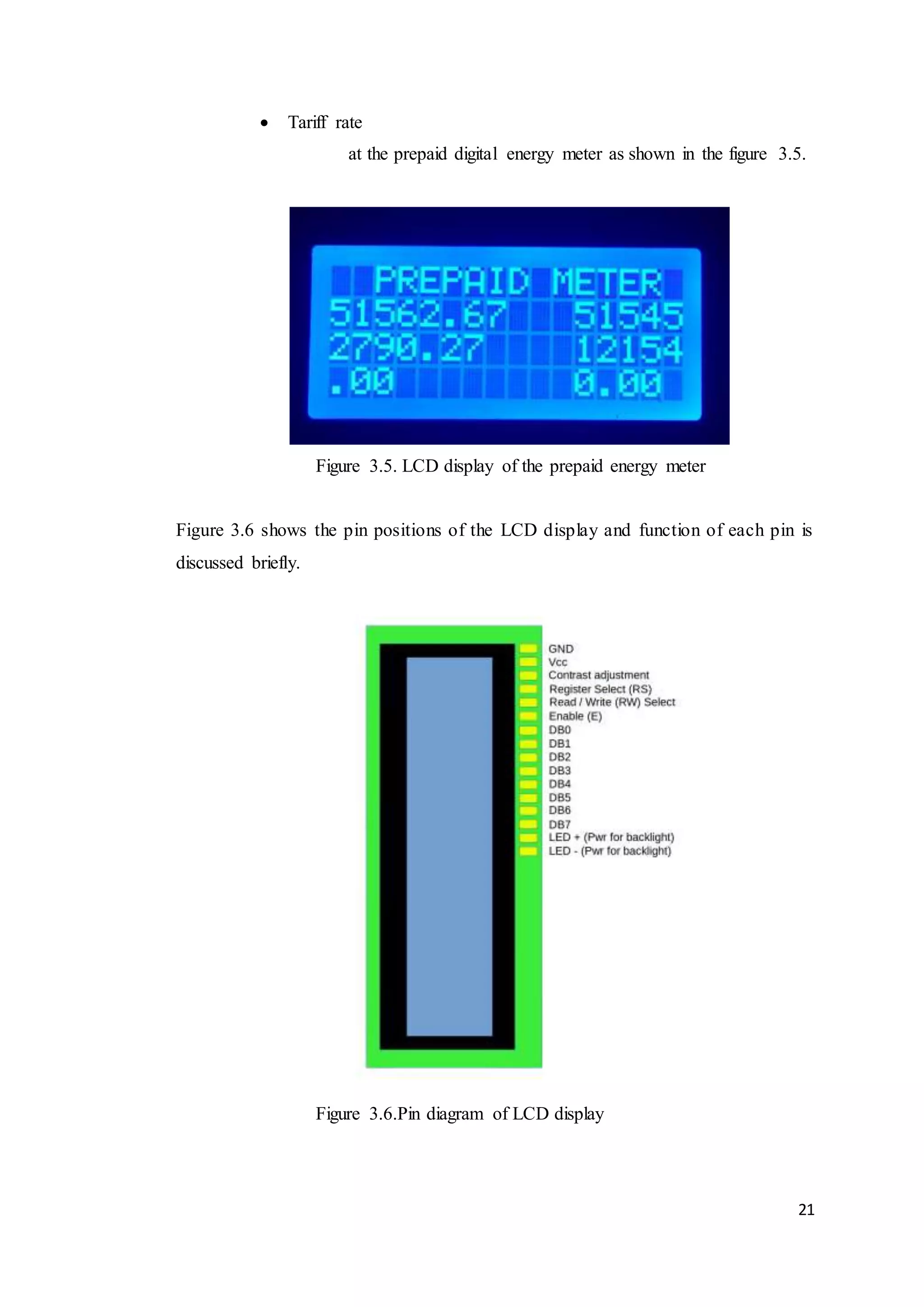 21
 Tariff rate
at the prepaid digital energy meter as shown in the figure 3.5.
Figure 3.5. LCD display of the prepaid energy meter
Figure 3.6 shows the pin positions of the LCD display and function of each pin is
discussed briefly.
Figure 3.6.Pin diagram of LCD display
 