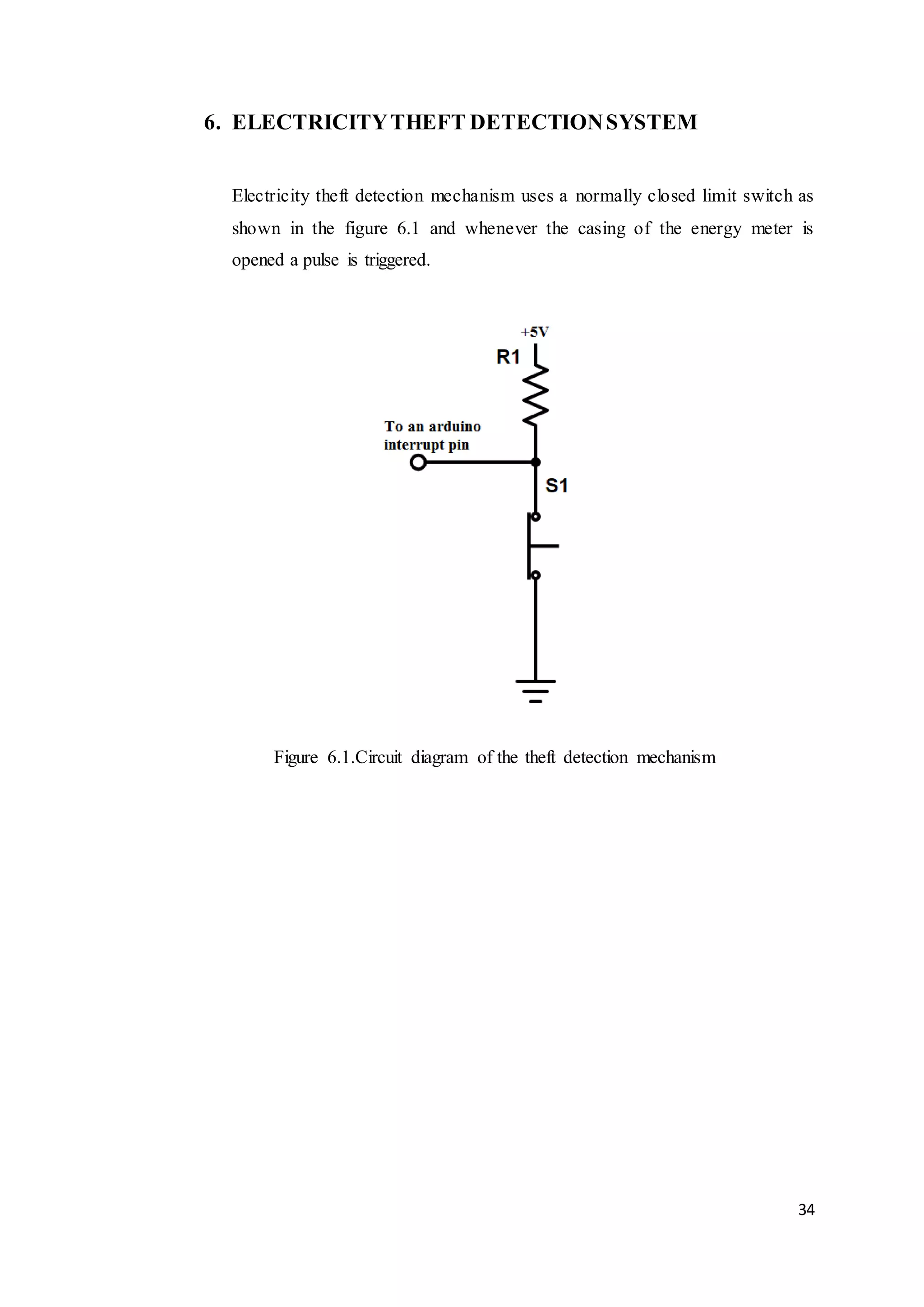 34
6. ELECTRICITYTHEFT DETECTIONSYSTEM
Electricity theft detection mechanism uses a normally closed limit switch as
shown in the figure 6.1 and whenever the casing of the energy meter is
opened a pulse is triggered.
Figure 6.1.Circuit diagram of the theft detection mechanism
 