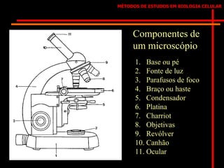MÉTODOS DE ESTUDOS EM BIOLOGIA CELULAR
Componentes de
um microscópio
1. Base ou pé
2. Fonte de luz
3. Parafusos de foco
4. Braço ou haste
5. Condensador
6. Platina
7. Charriot
8. Objetivas
9. Revólver
10. Canhão
11. Ocular
 