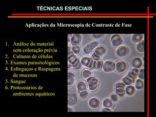 Aplicações da Microscopia de Contraste de Fase
1. Análise do material
sem coloração prévia
2. Culturas de células
3. Exames parasitológicos
4. Esfregaços e Raspagens
de mucosas
5. Sangue
6. Protozoários de
ambientes aquáticos
TÈCNICAS ESPECIAIS
 