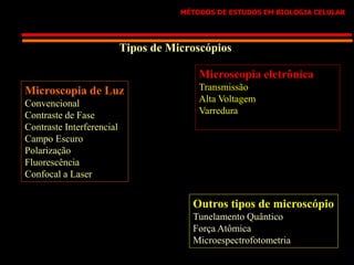 MÉTODOS DE ESTUDOS EM BIOLOGIA CELULAR
Tipos de Microscópios
Microscopia de Luz
Convencional
Contraste de Fase
Contraste Interferencial
Campo Escuro
Polarização
Fluorescência
Confocal a Laser
Microscopia eletrônica
Transmissão
Alta Voltagem
Varredura
Outros tipos de microscópio
Tunelamento Quântico
Força Atômica
Microespectrofotometria
 