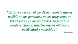 “Visión es ver con el ojo de la mente lo que es
posible en las personas, en los proyectos, en
las causas y en las empresas. La visión se
produce cuando nuestra mente relaciona
posibilidad y necesidad”.
Stephen Cover
 