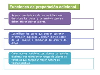 Funciones de preparación adicional 
Asignar propiedades de las variables que 
describan los datos y determinen cómo se 
deben tratar ciertos valores. 
Identificar los casos que pueden contener 
información duplicada y excluir dichos casos 
de los análisis o eliminarlos del archivo de 
datos. 
Crear nuevas variables con algunas categorías 
distintas que representen rangos de valores de 
variables que tengan un mayor número de 
valores posibles. 
 