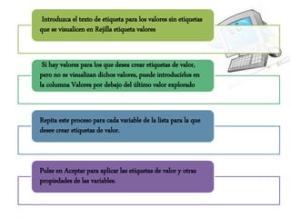 Introduzca el texto de etiqueta para los valores sin etiquetas 
que se visualicen en Rejilla etiqueta valores 
Si hay valores para los que desea crear etiquetas de valor, 
pero no se visualizan dichos valores, puede introducirlos en 
la columna Valores por debajo del último valor explorado 
Repita este proceso para cada variable de la lista para la que 
desee crear etiquetas de valor. 
Pulse en Aceptar para aplicar las etiquetas de valor y otras 
propiedades de las variables. 
 