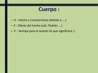 Cuerpo :
– H : Hecho o Característica (debido a ….)
– E : Efecto del hecho (uds. Podrán ….)
– V : Ventaja para el oyente (lo que significará..)
 