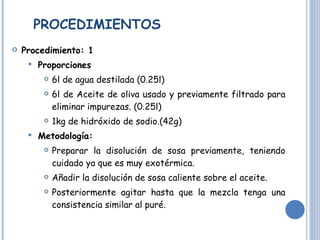 PROCEDIMIENTOS Procedimiento: 1 Proporciones  6l de agua destilada (0.25l) 6l de Aceite de oliva usado y previamente filtrado para eliminar impurezas. (0.25l) 1kg de hidróxido de sodio.(42g) Metodología:  Preparar la disolución de sosa previamente, teniendo cuidado ya que es muy exotérmica. Añadir la disolución de sosa caliente sobre el aceite. Posteriormente agitar hasta que la mezcla tenga una consistencia similar al puré. 