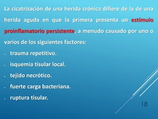 18
La cicatrización de una herida crónica difiere de la de una
herida aguda en que la primera presenta un estímulo
proinflamatorio persistente, a menudo causado por uno o
varios de los siguientes factores:
 trauma repetitivo.
 isquemia tisular local.
 tejido necrótico.
 fuerte carga bacteriana.
 ruptura tisular.
 